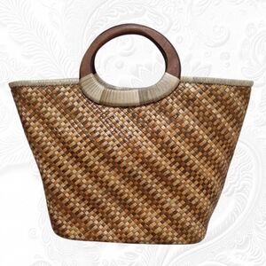 Handmade Woven Pandan Leaves Multicolor Tote Bag with Wooden Handles, Large